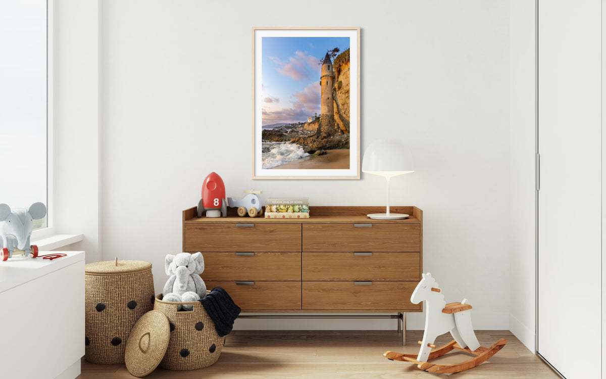 Wooden dresser with toys and lamp, Pirate Tower photo above, in a modern kids’ room.