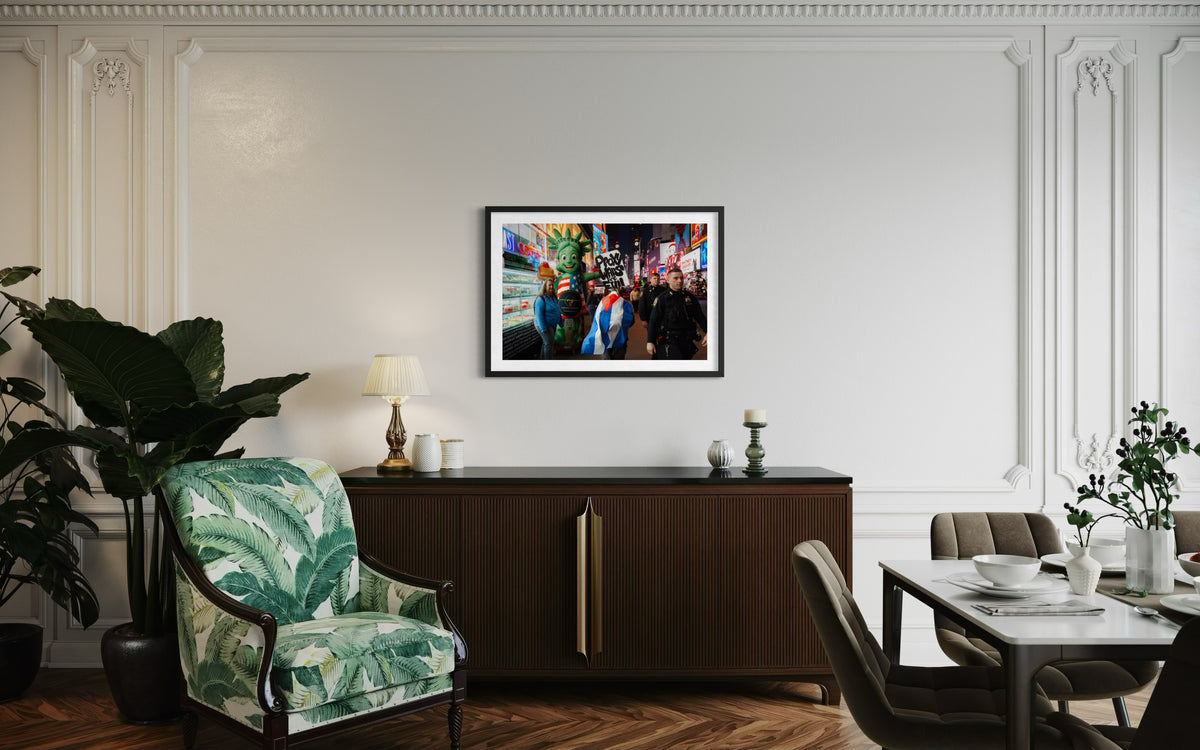 “Proxy Wars Are Evil” artwork displayed above a wooden sideboard in a greenery-filled dining area.