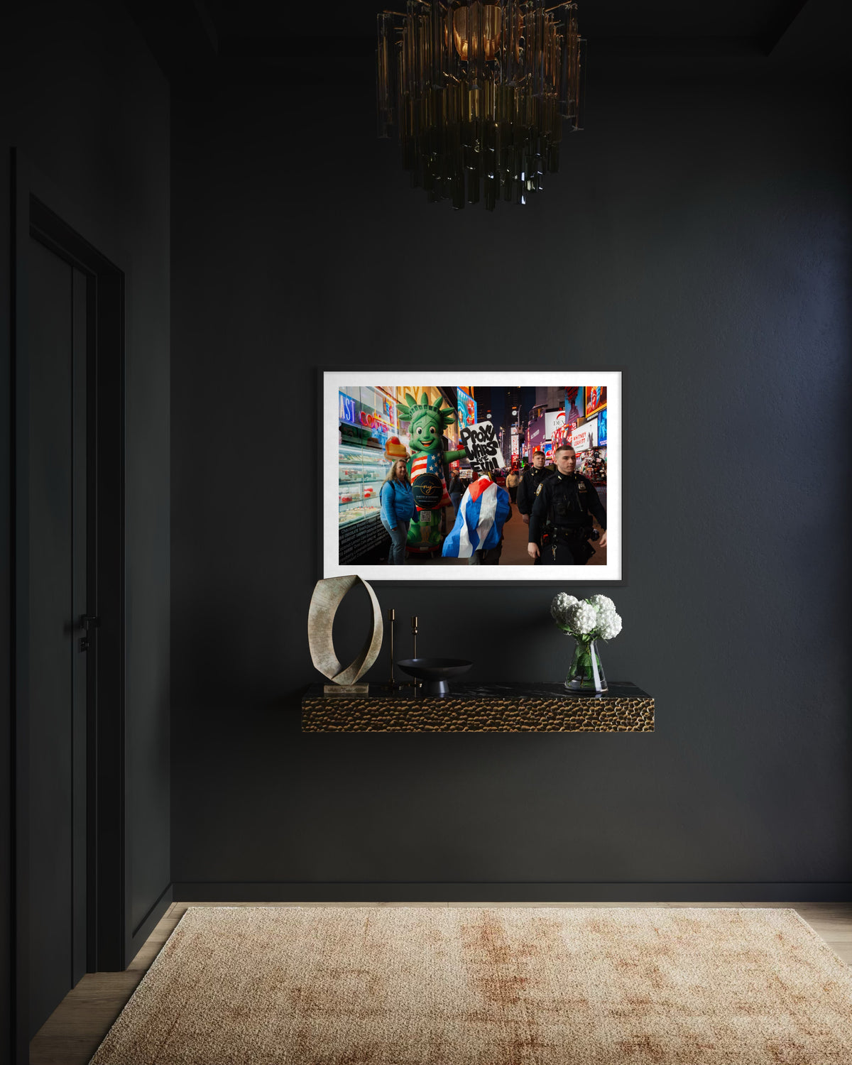 Dim hallway with a floating shelf, decor, and a framed “Proxy Wars Are Evil” poster on the wall.
