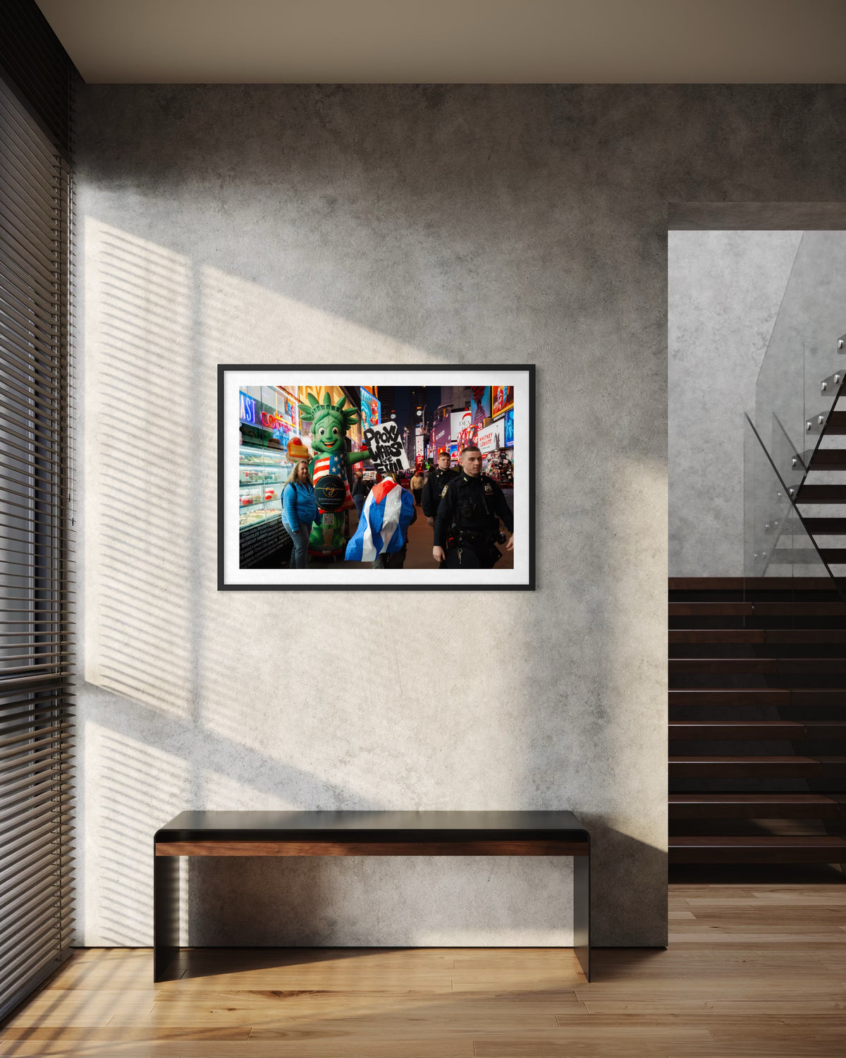 Proxy Wars Are Evil“ print in black frame on a gray wall above a bench, next to stairs and large windows.