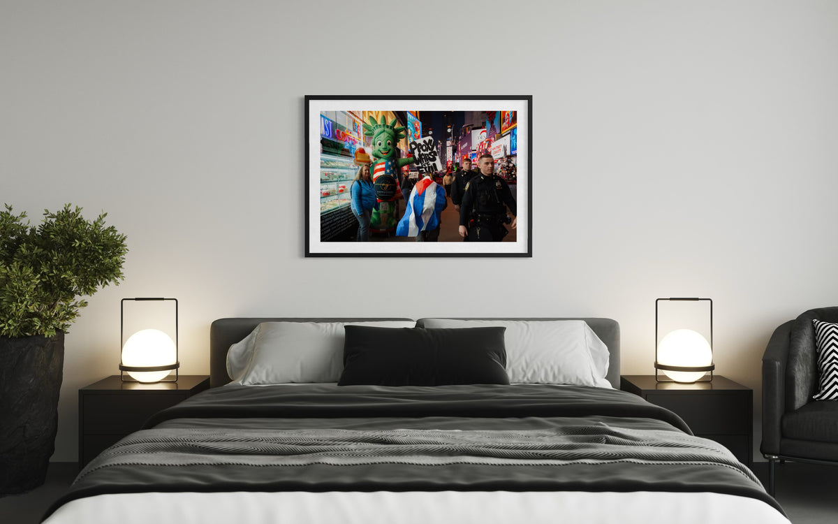 Bed with two lamps, a plant, and “Proxy Wars Are Evil” photo artwork framed above in a modern bedroom setting.