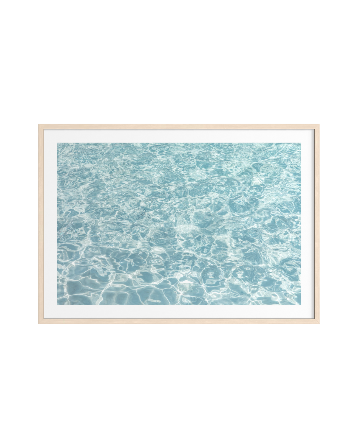 Framed print featuring sunlight sparkling on blue water, set against a plain white background.