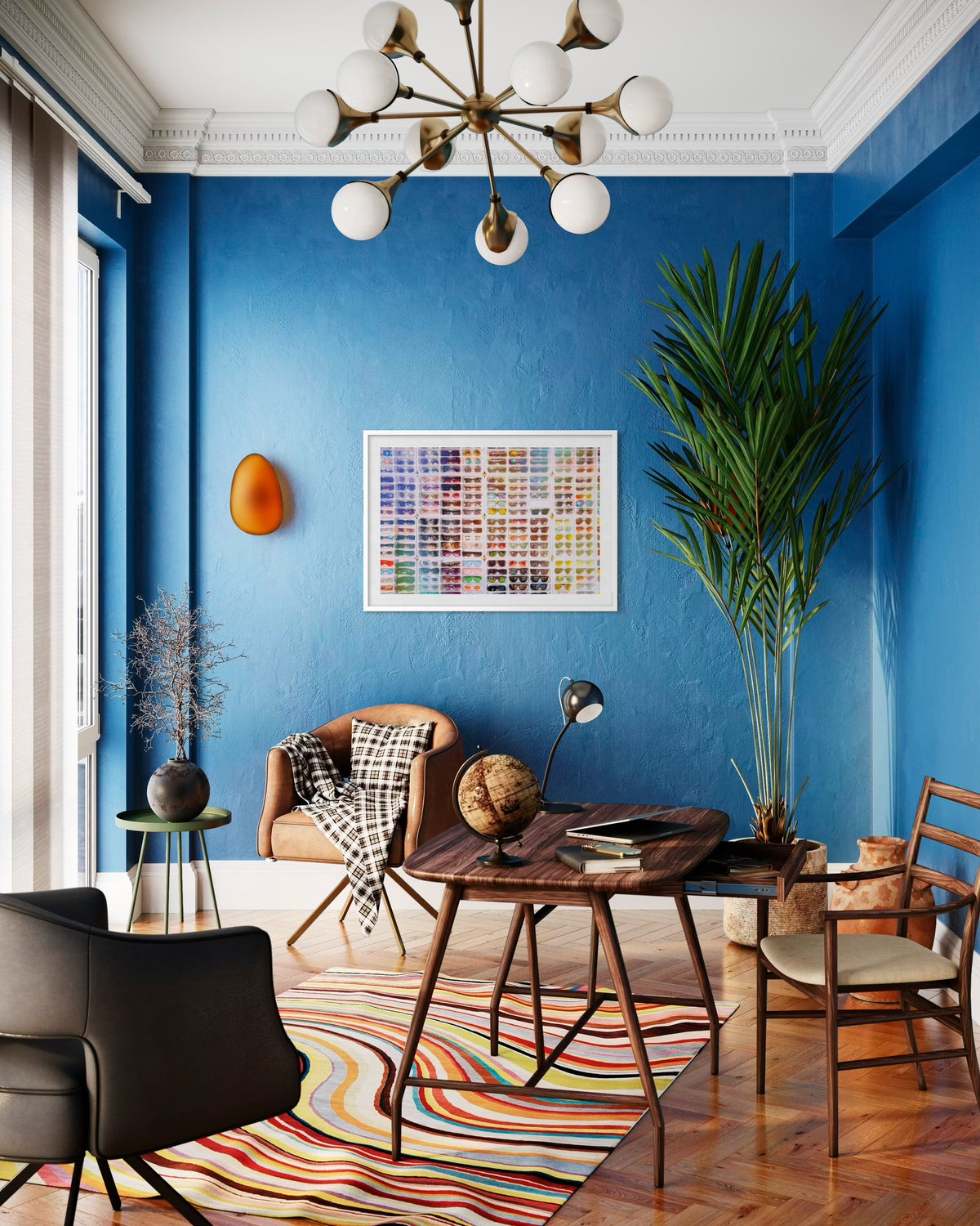 Home office with blue walls and colorful rug, featuring the Shades of Summer collection décor.