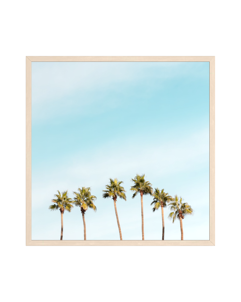 Six tall palm trees reach into a blue sky with soft clouds, shown in a light wood frame.