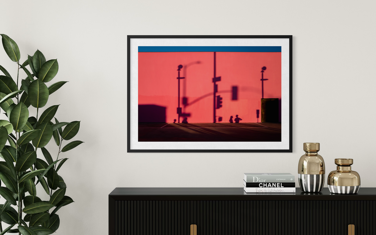 Framed photograph of pink wall and urban shadows in Los Angeles.