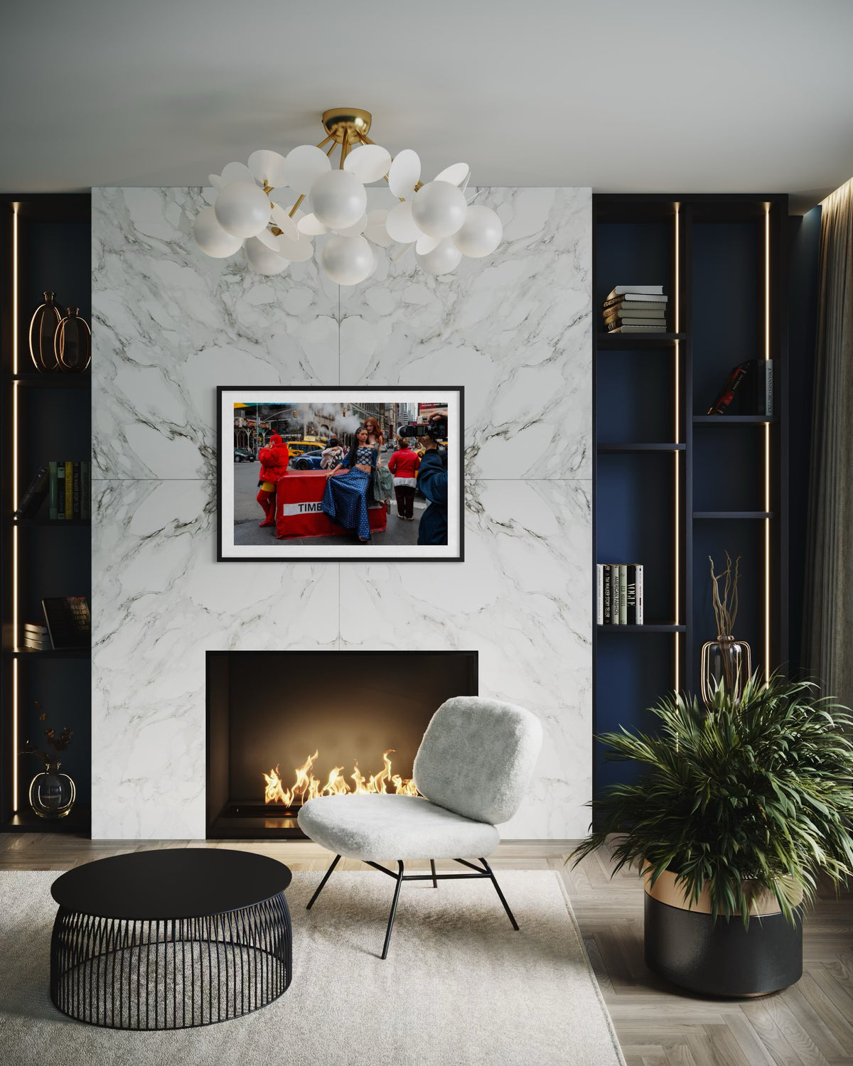 Gray chair beside marble fireplace under “Times Square Confluence” art in New York-themed living room.