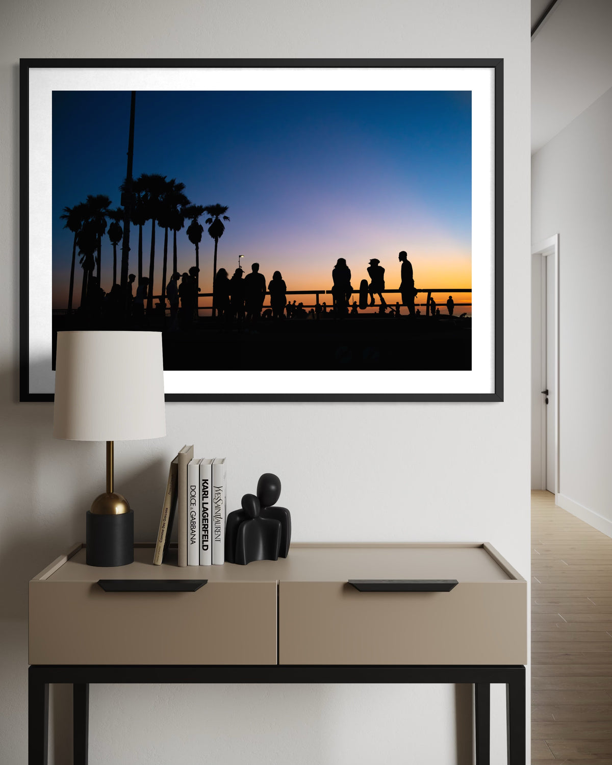 Silhouettes of palm trees at sunset in Venice Beach, California, photographed and framed as wall art.